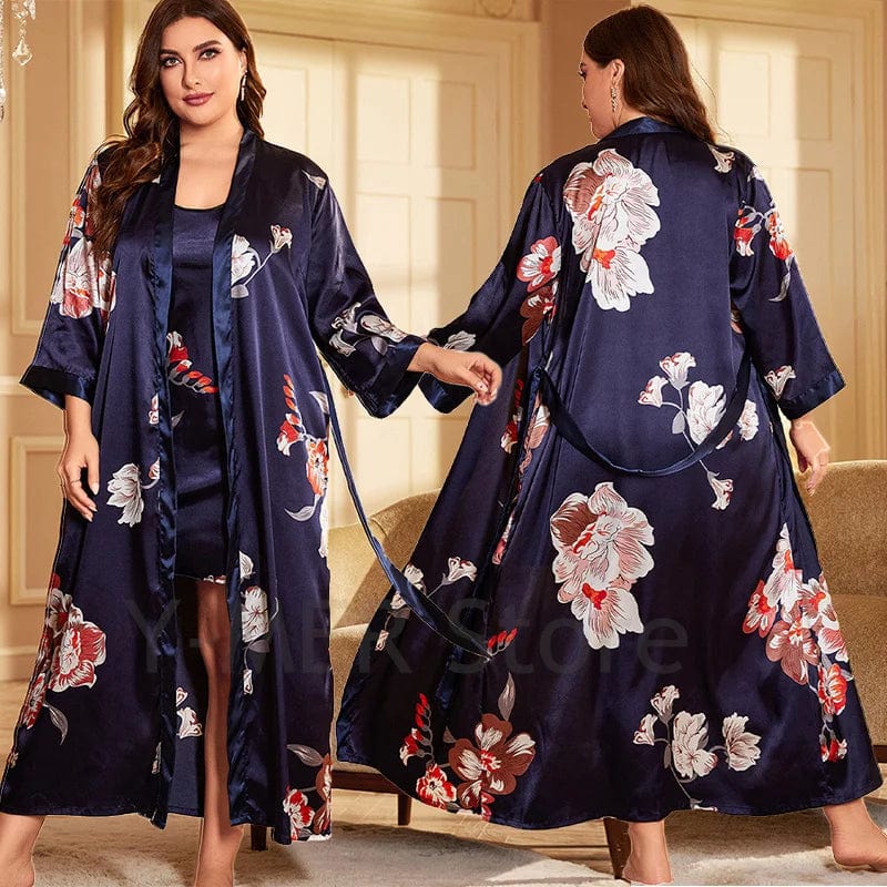 Peignoir Femme Grande Taille <br> "Eira" Navy Blue Flower / 5XL